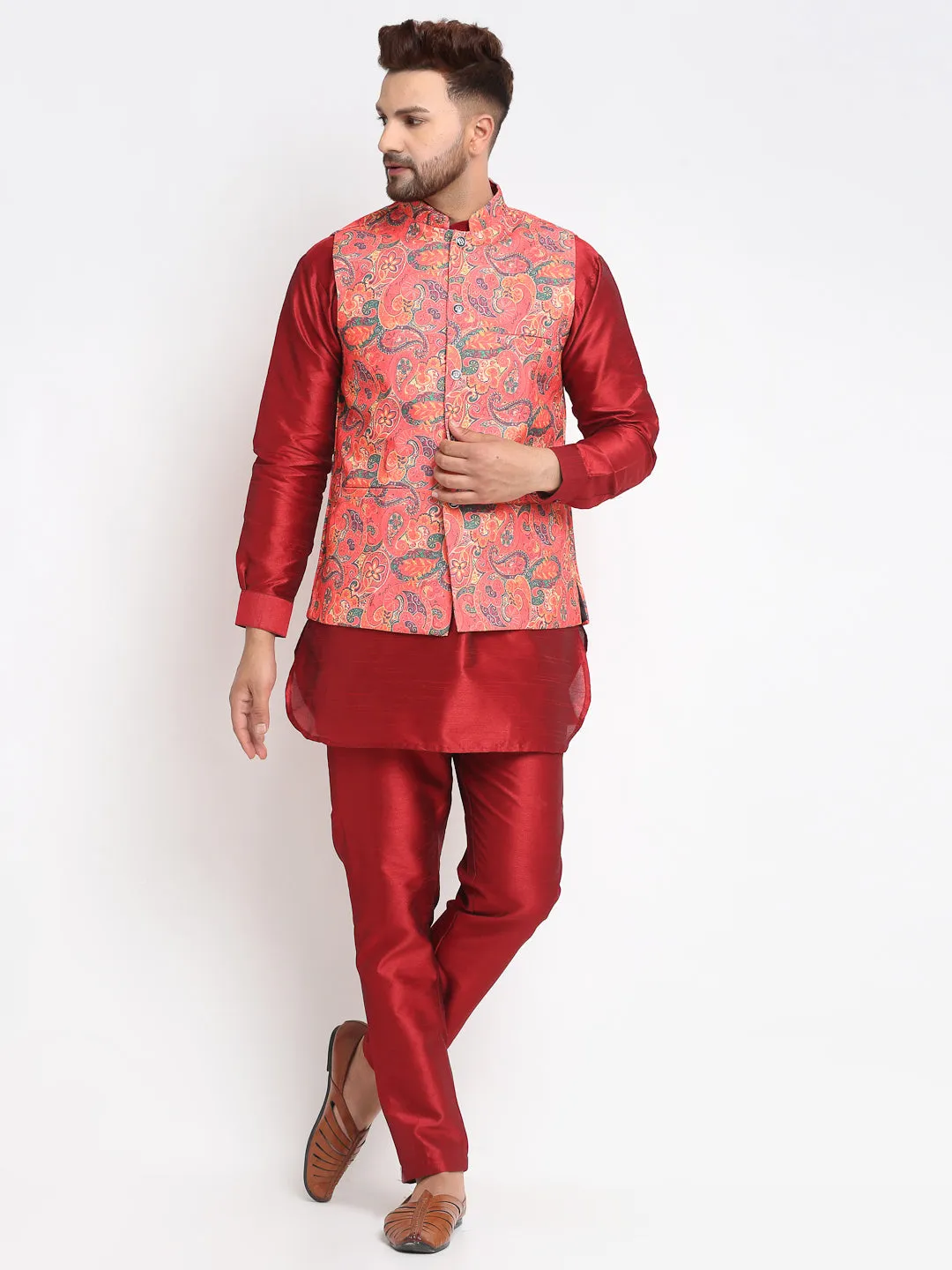 Men's Silk Blend Maroon Kurta With Pyjama & Orange Printed Nehru Jacket - Benstoke