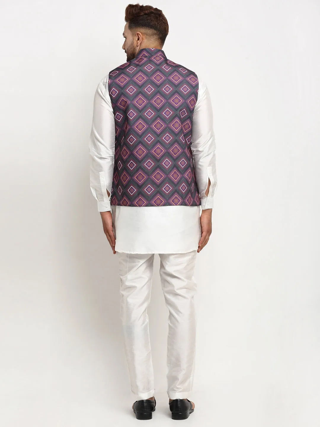 Men's Silk Blend White Kurta With Pyjama & Purple Printed Nehru Jacket - Benstoke