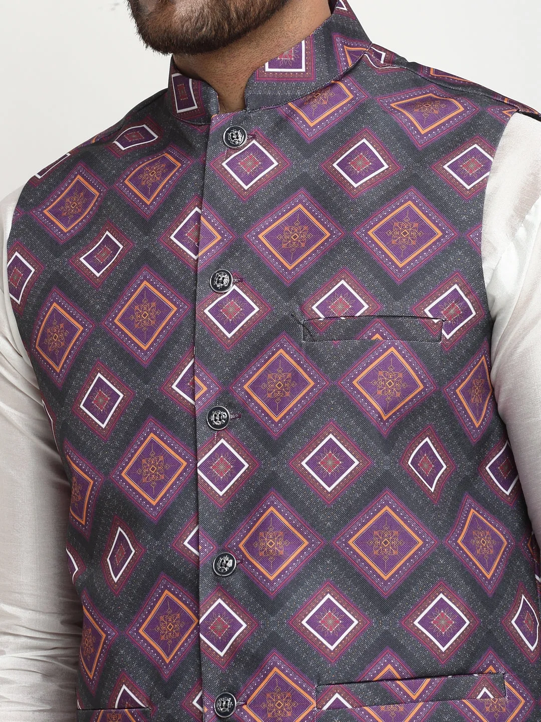 Men's Silk Blend White Kurta With Pyjama & Purple Printed Nehru Jacket - Benstoke