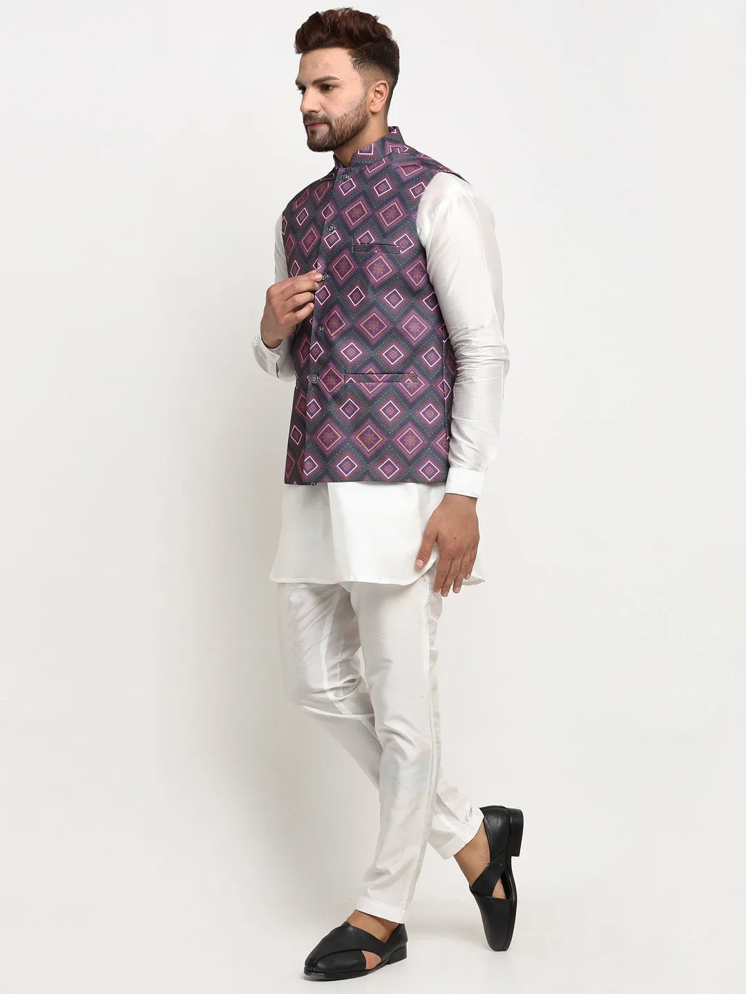 Men's Silk Blend White Kurta With Pyjama & Purple Printed Nehru Jacket - Benstoke