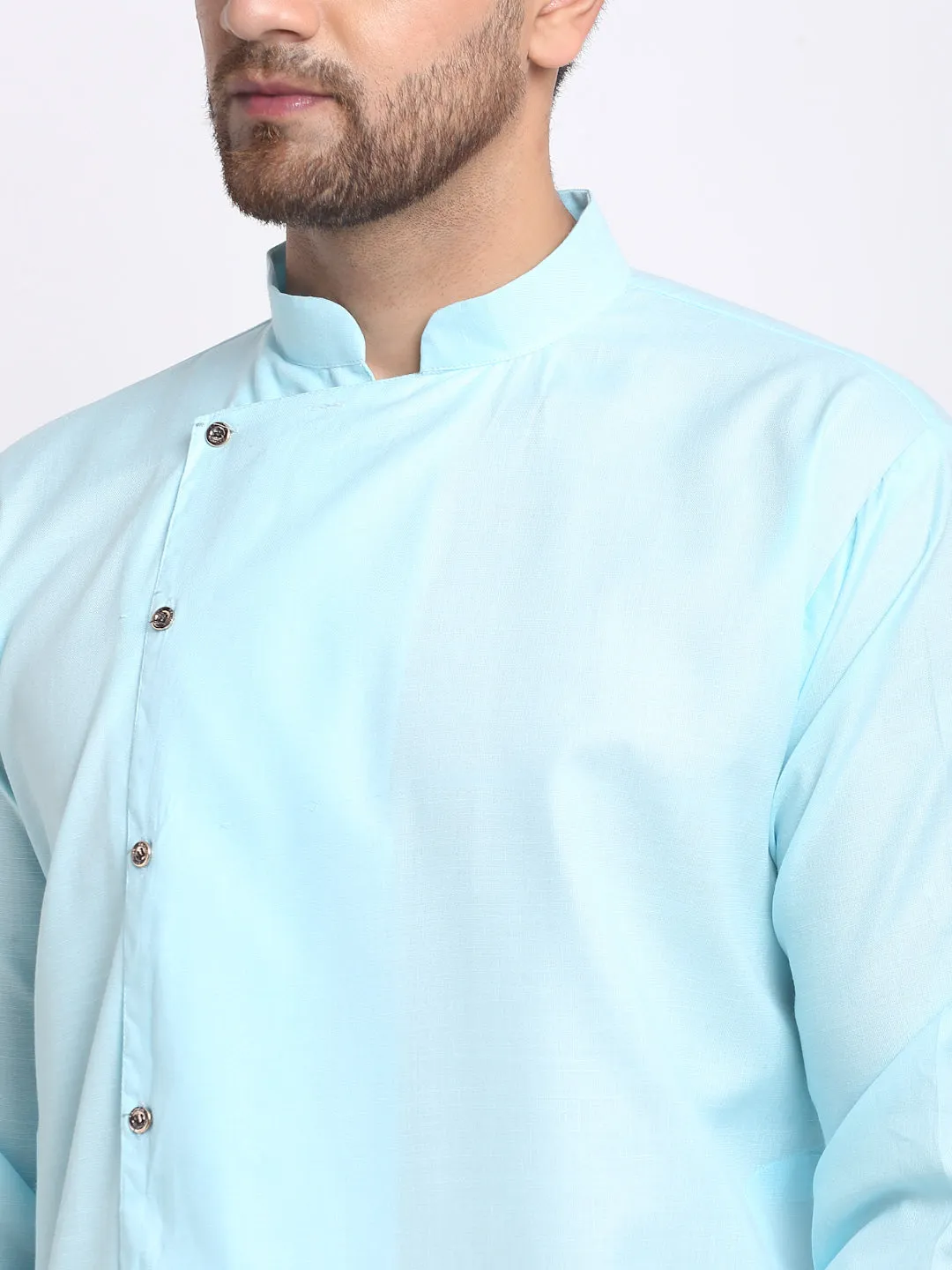 Men's Sky Blue Solid Angrakha Kurta With White Churidaar Pyjama - Benstoke