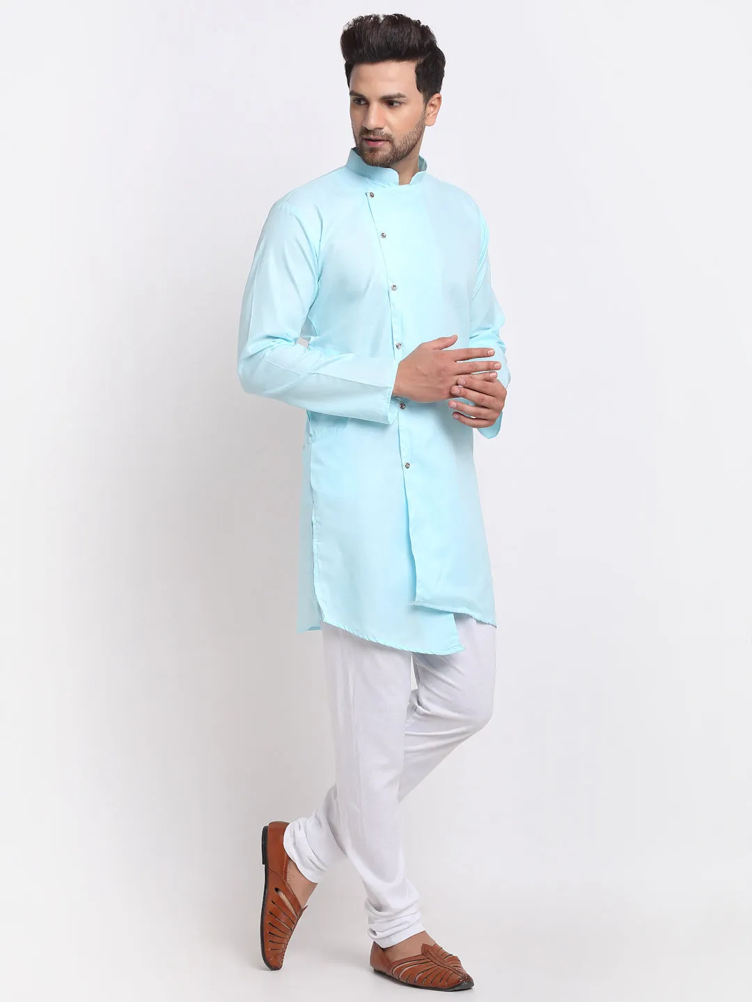 Men's Sky Blue Solid Angrakha Kurta With White Churidaar Pyjama - Benstoke