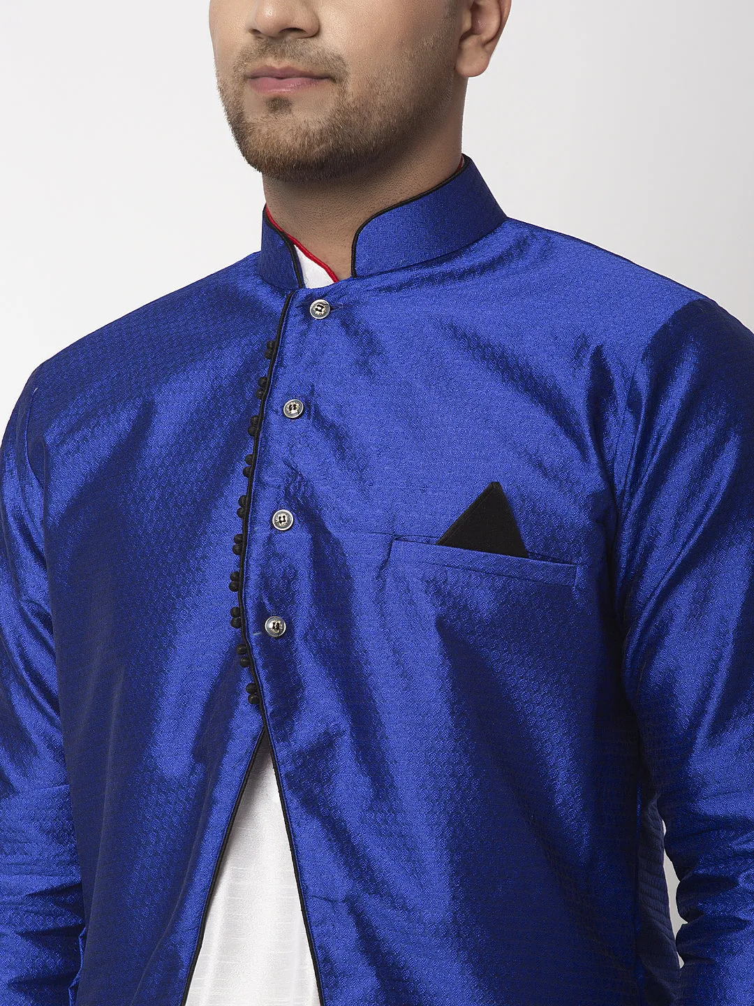 Men's White Kurta With Pyjama & Royal Blue Self Design Jacket - Benstoke