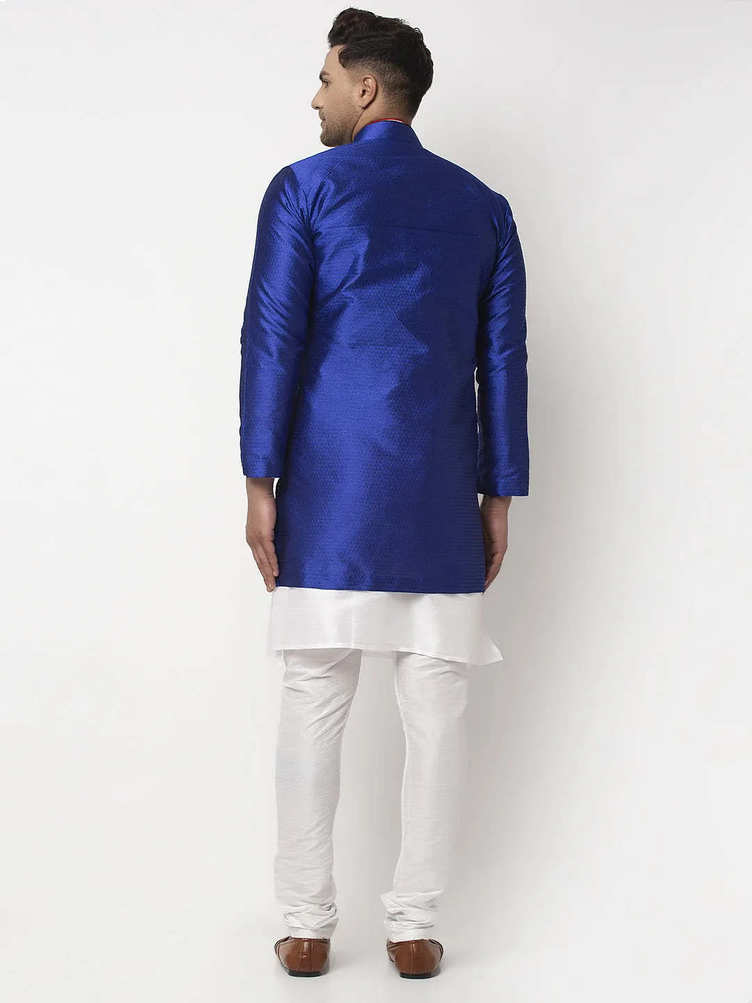 Men's White Kurta With Pyjama & Royal Blue Self Design Jacket - Benstoke