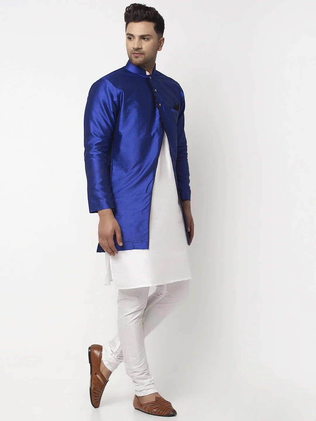 Men's White Kurta With Pyjama & Royal Blue Self Design Jacket - Benstoke