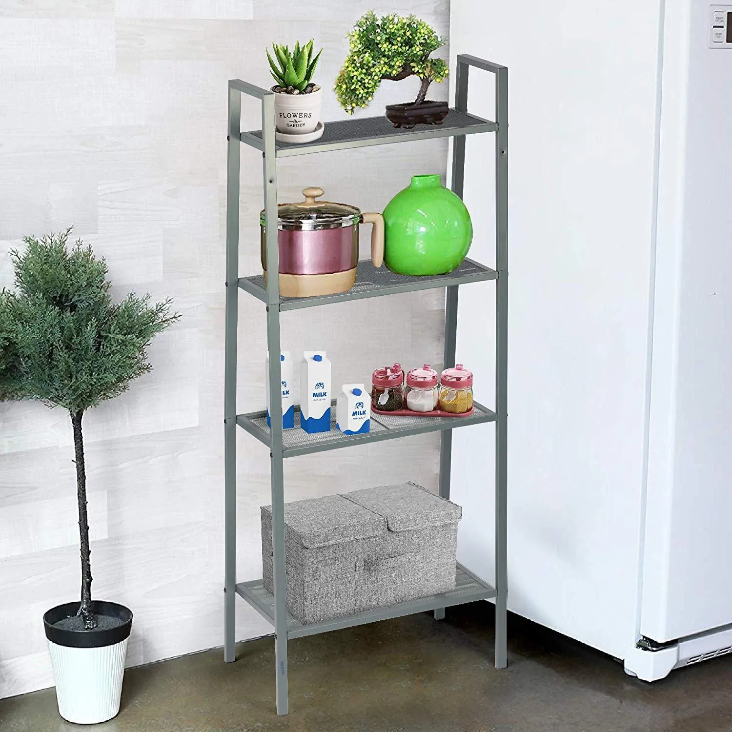 Metal 4 Tier Ladder Shelf Bookcase Plant Flower Stand Multi-Functional Display Stand