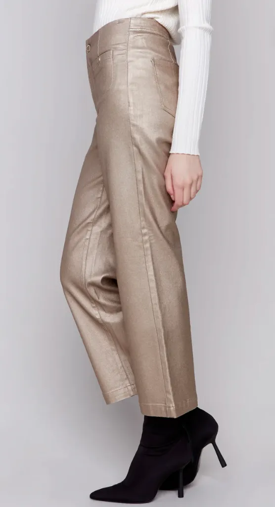 Metallic Wax Flared Pants - Bronze