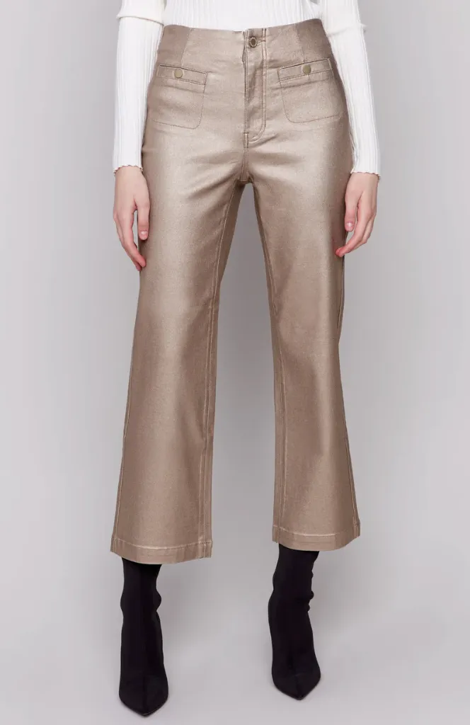 Metallic Wax Flared Pants - Bronze