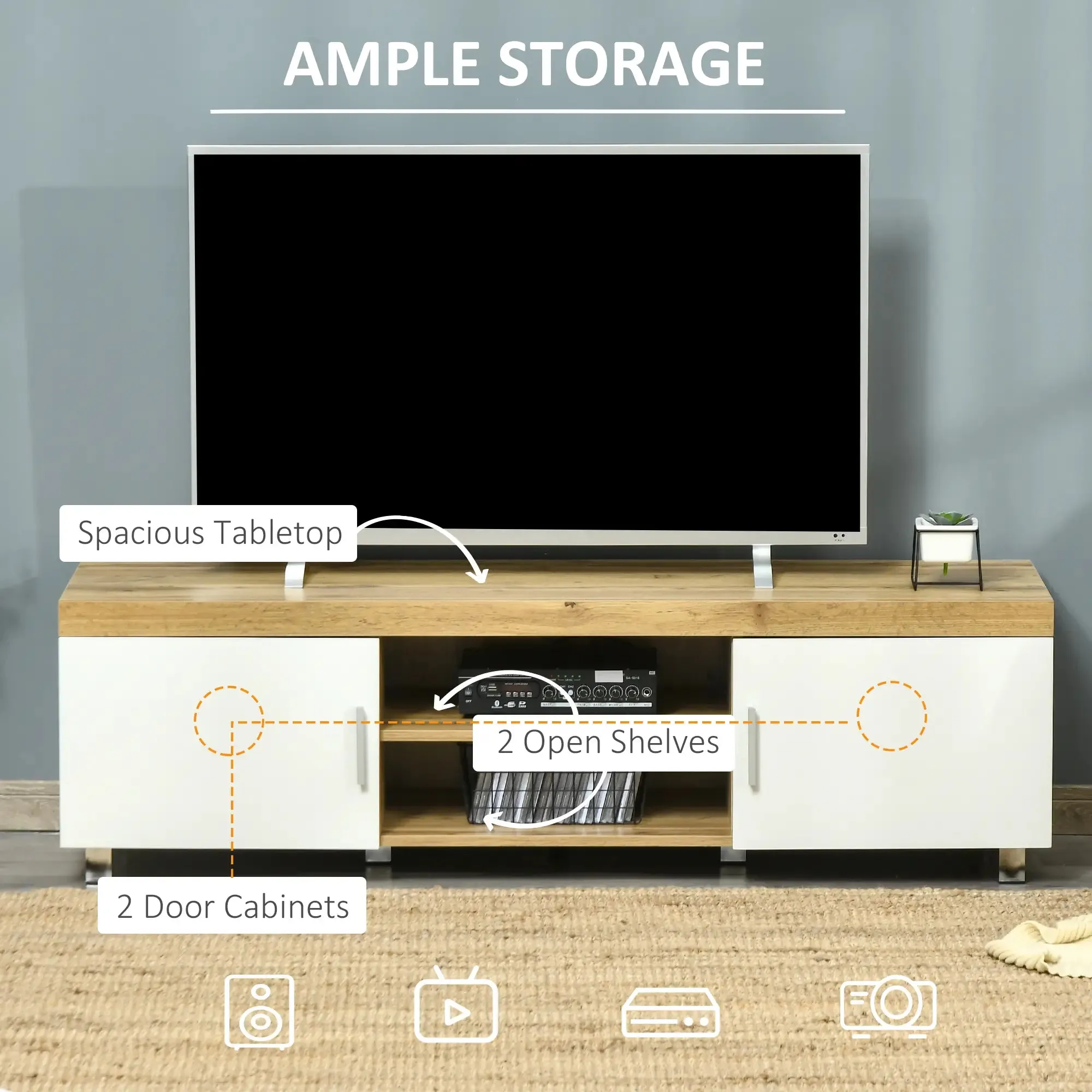 Modern TV Stand For Up To 63" TV With Storage Shelves in Oak and White