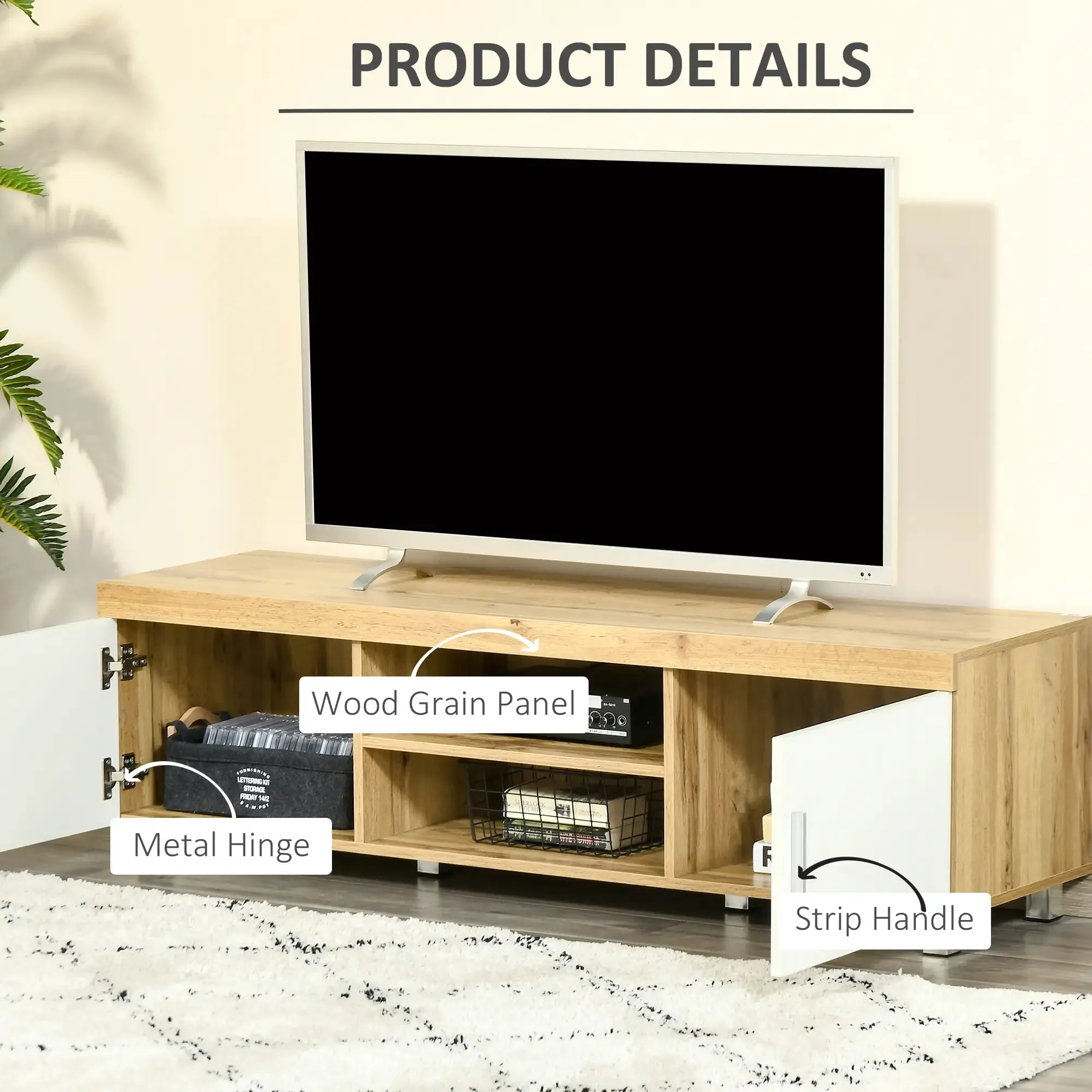 Modern TV Stand For Up To 63" TV With Storage Shelves in Oak and White