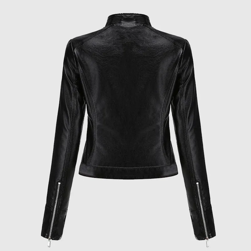 New Womens Casual Zipper Regular-fit Leather Jacket