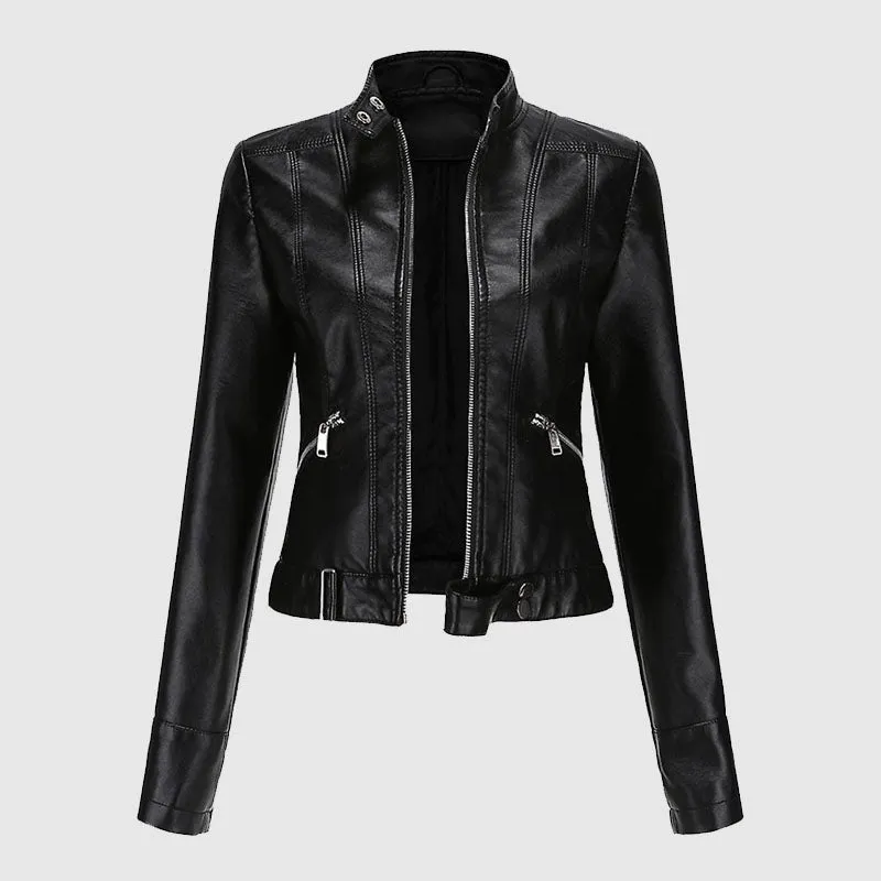 New Womens Casual Zipper Regular-fit Leather Jacket