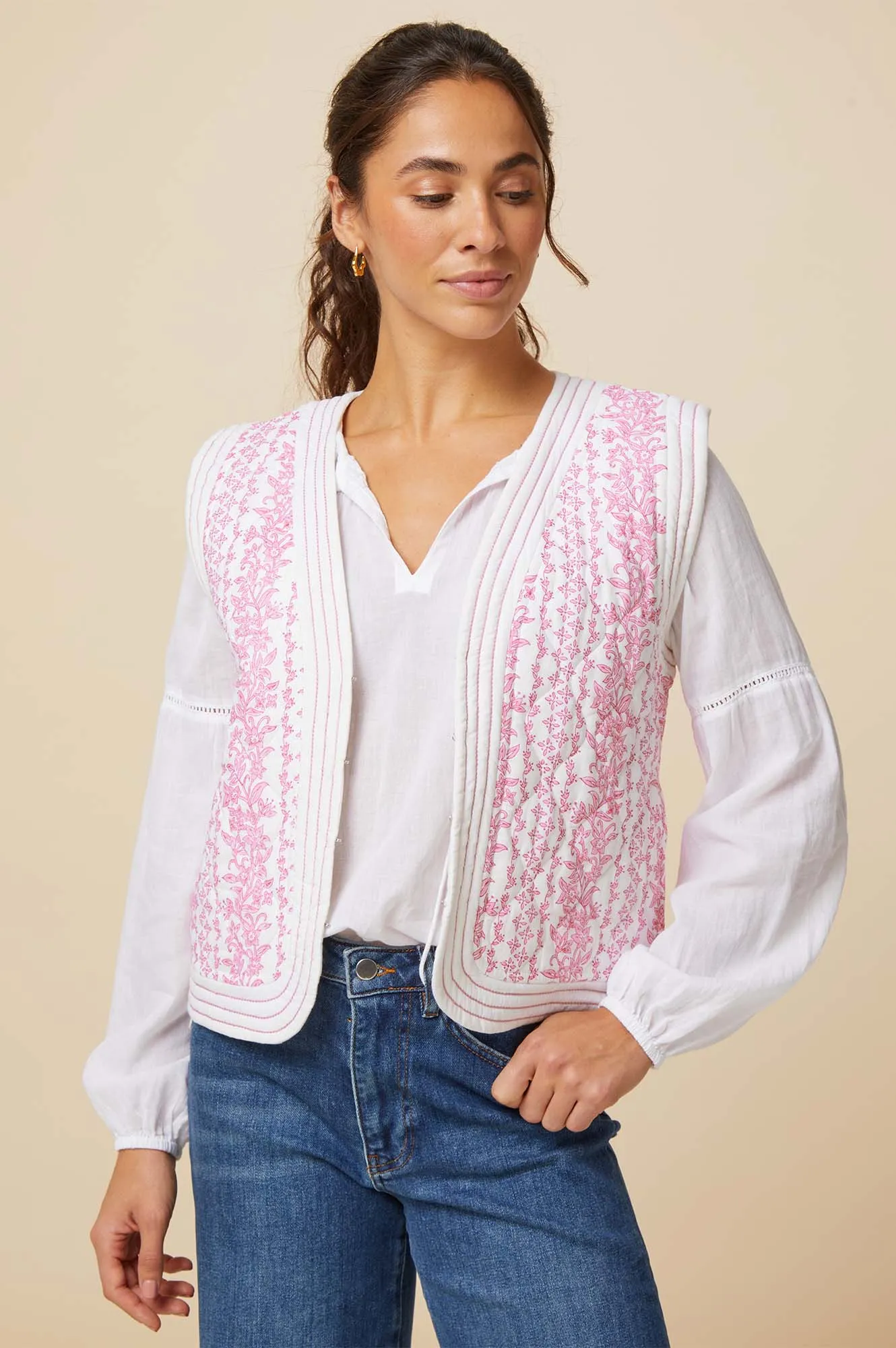 Nola Block Print Quilted Gilet | White/Pink