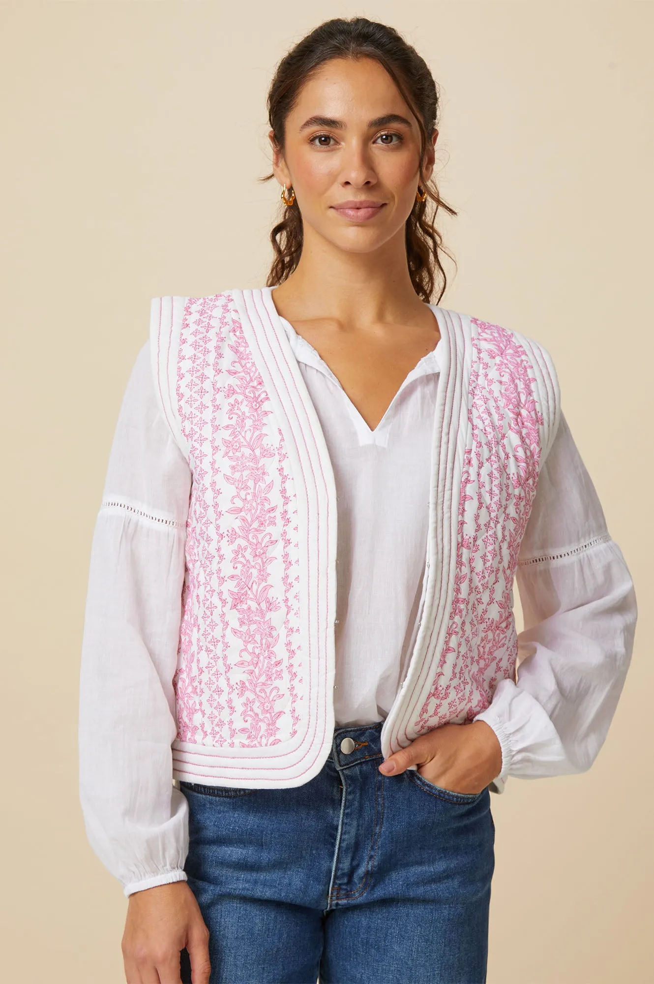 Nola Block Print Quilted Gilet | White/Pink