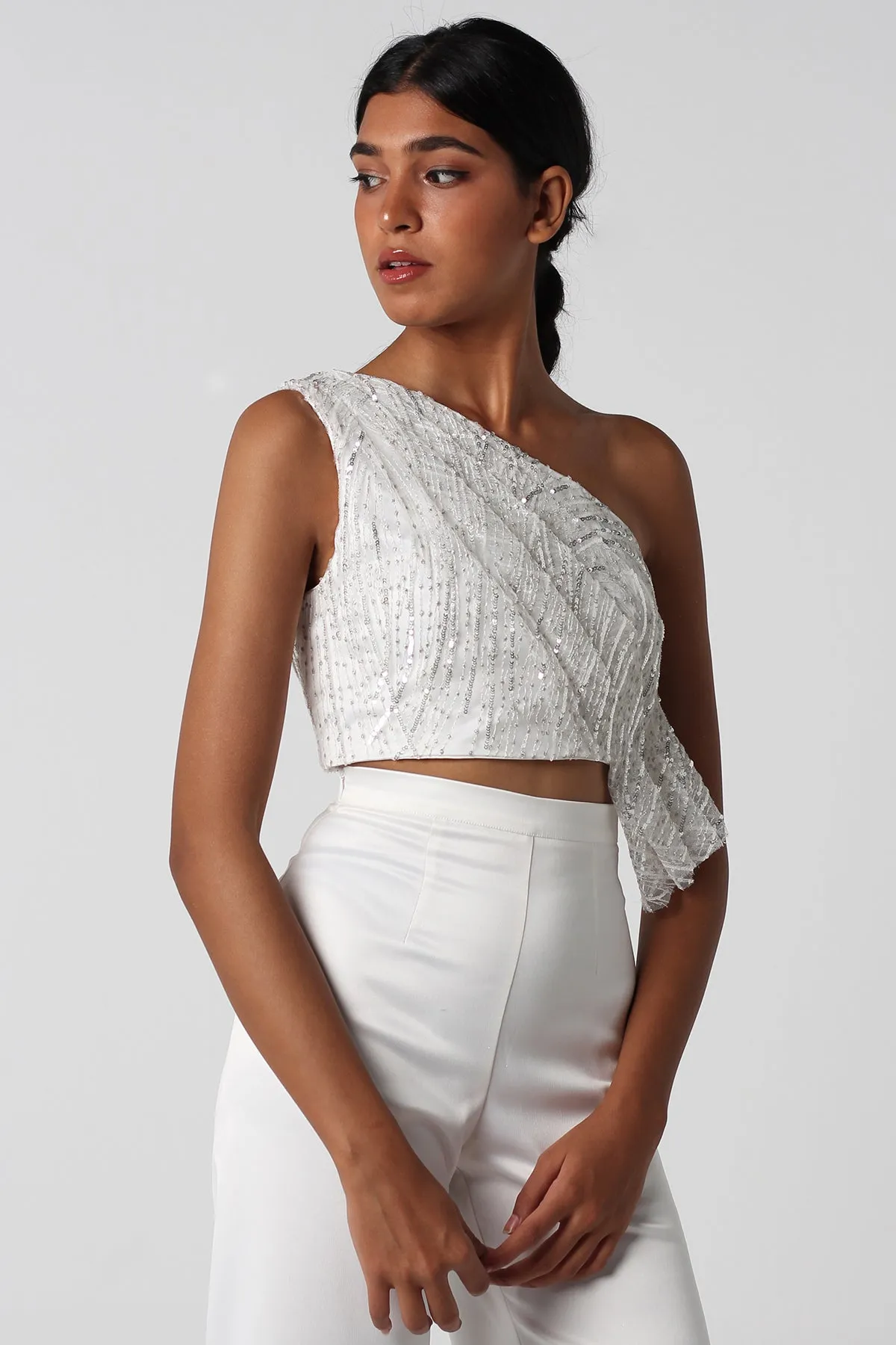 Off White Sequined Draped Top