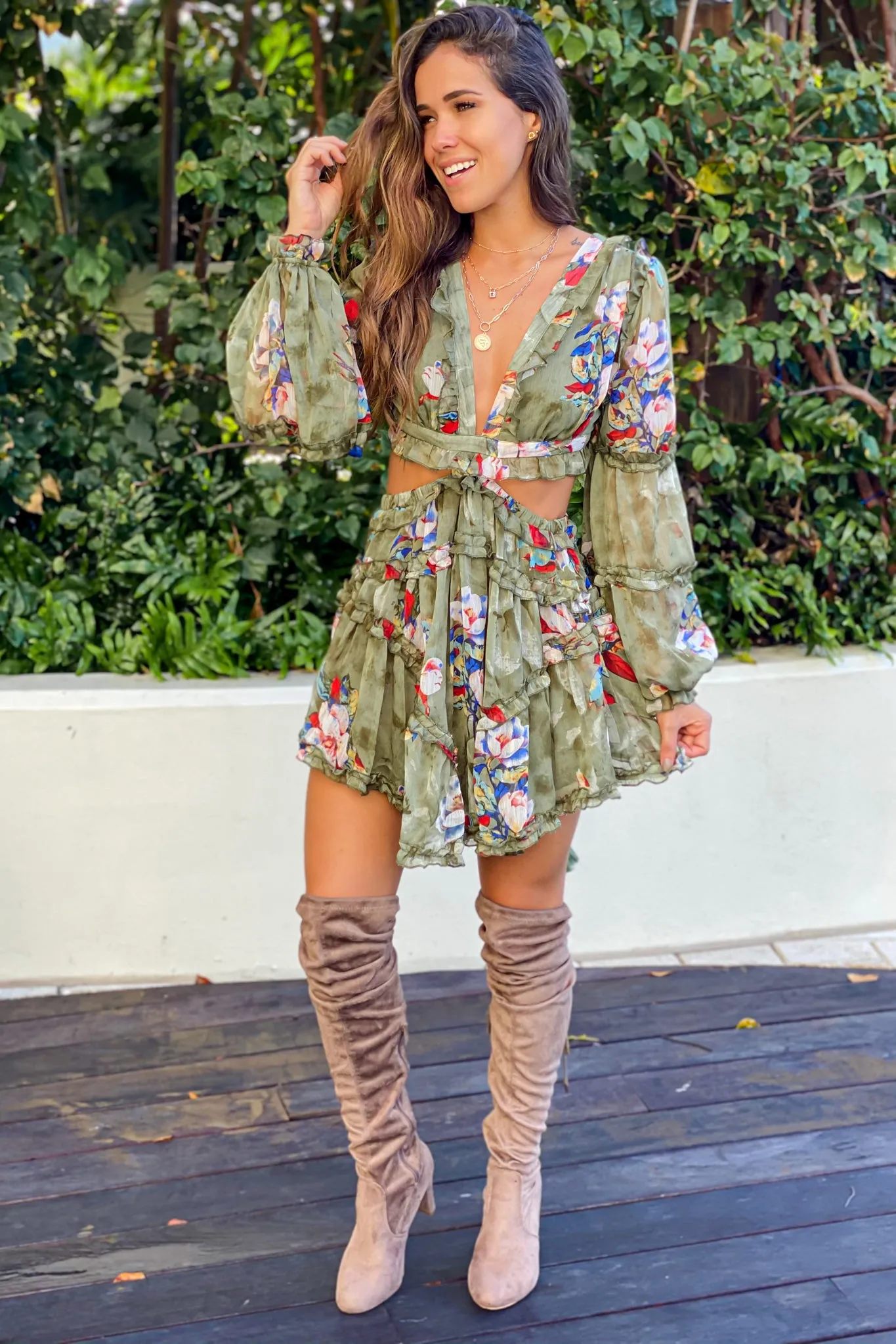 Olive Floral Strappy Back Short Dress