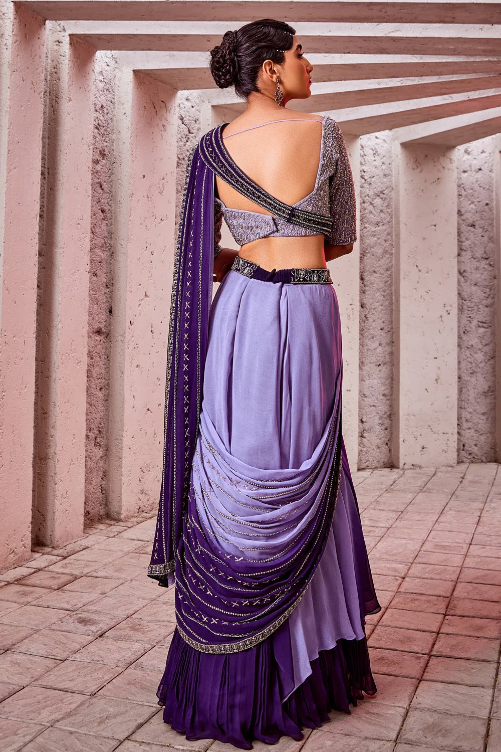 Ombre Draped Saree with Embroidered Blouse