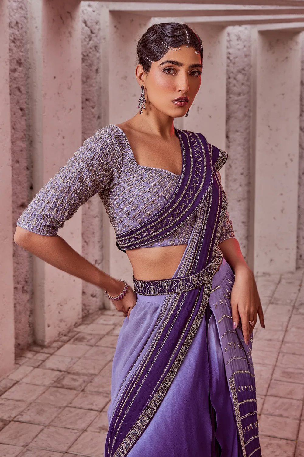 Ombre Draped Saree with Embroidered Blouse