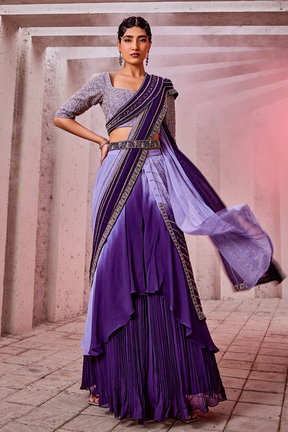 Ombre Draped Saree with Embroidered Blouse