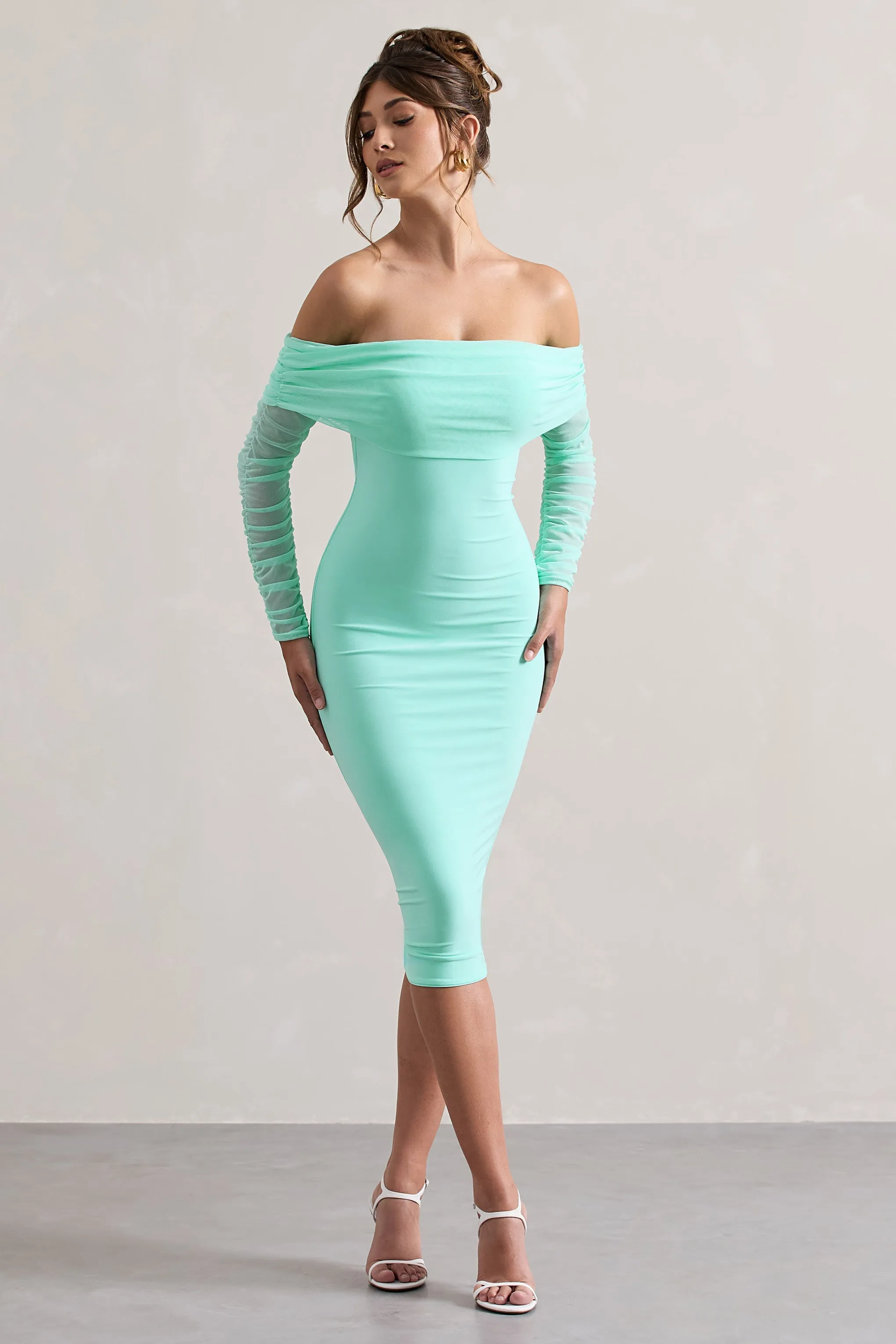 Only You | Mint Ruched Mesh Bardot Midi Dress