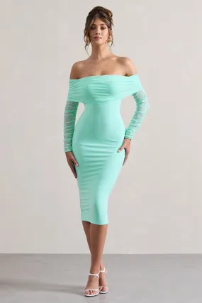 Only You | Mint Ruched Mesh Bardot Midi Dress