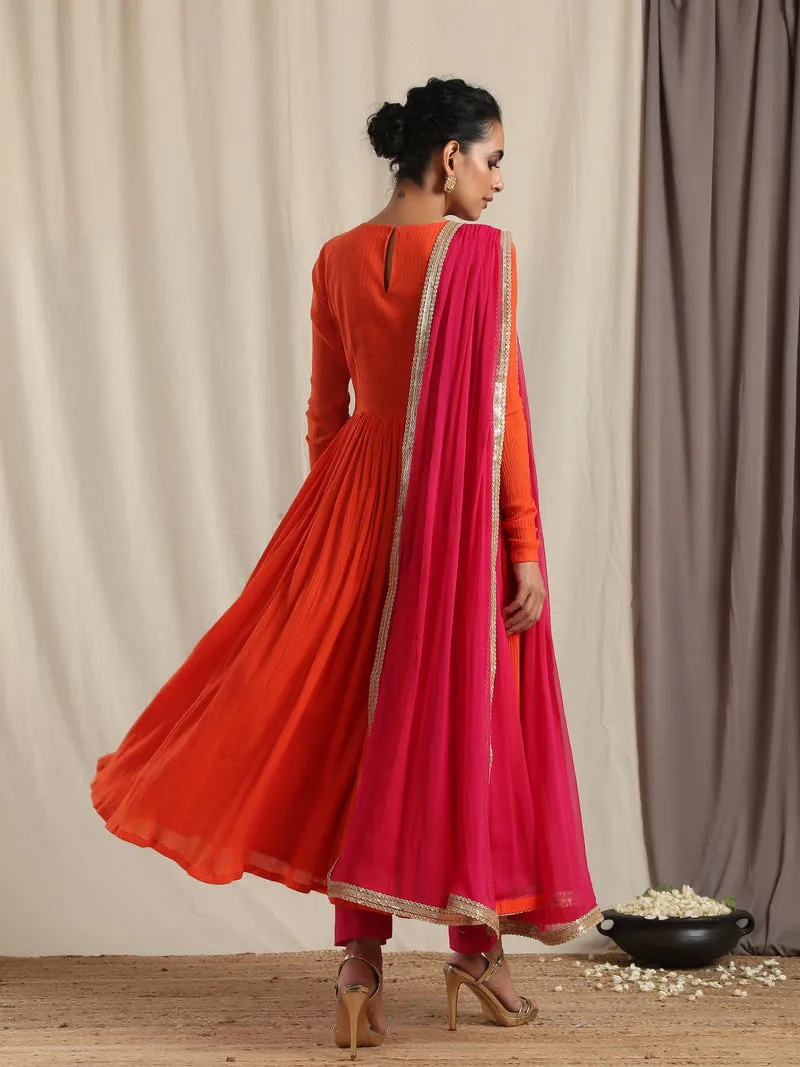 Orange Crinkle Anarkali Kurta Pant Dupatta Set