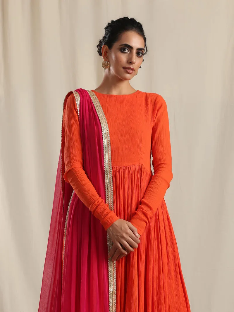 Orange Crinkle Anarkali Kurta Pant Dupatta Set