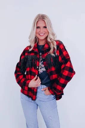 Peoria Plaid Fringe Shacket - Red