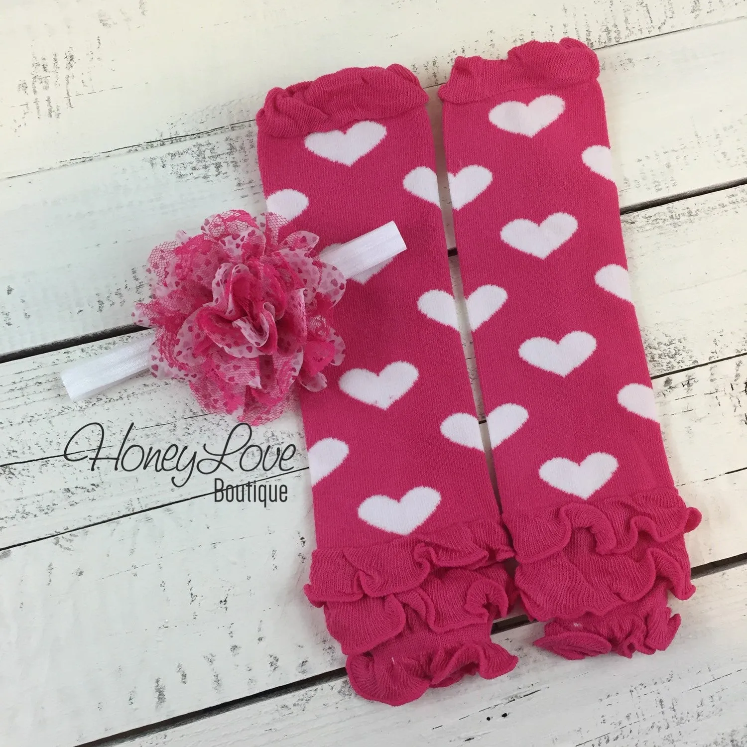 Pink and White Heart Ruffle bottom leg warmers and optional flower headband