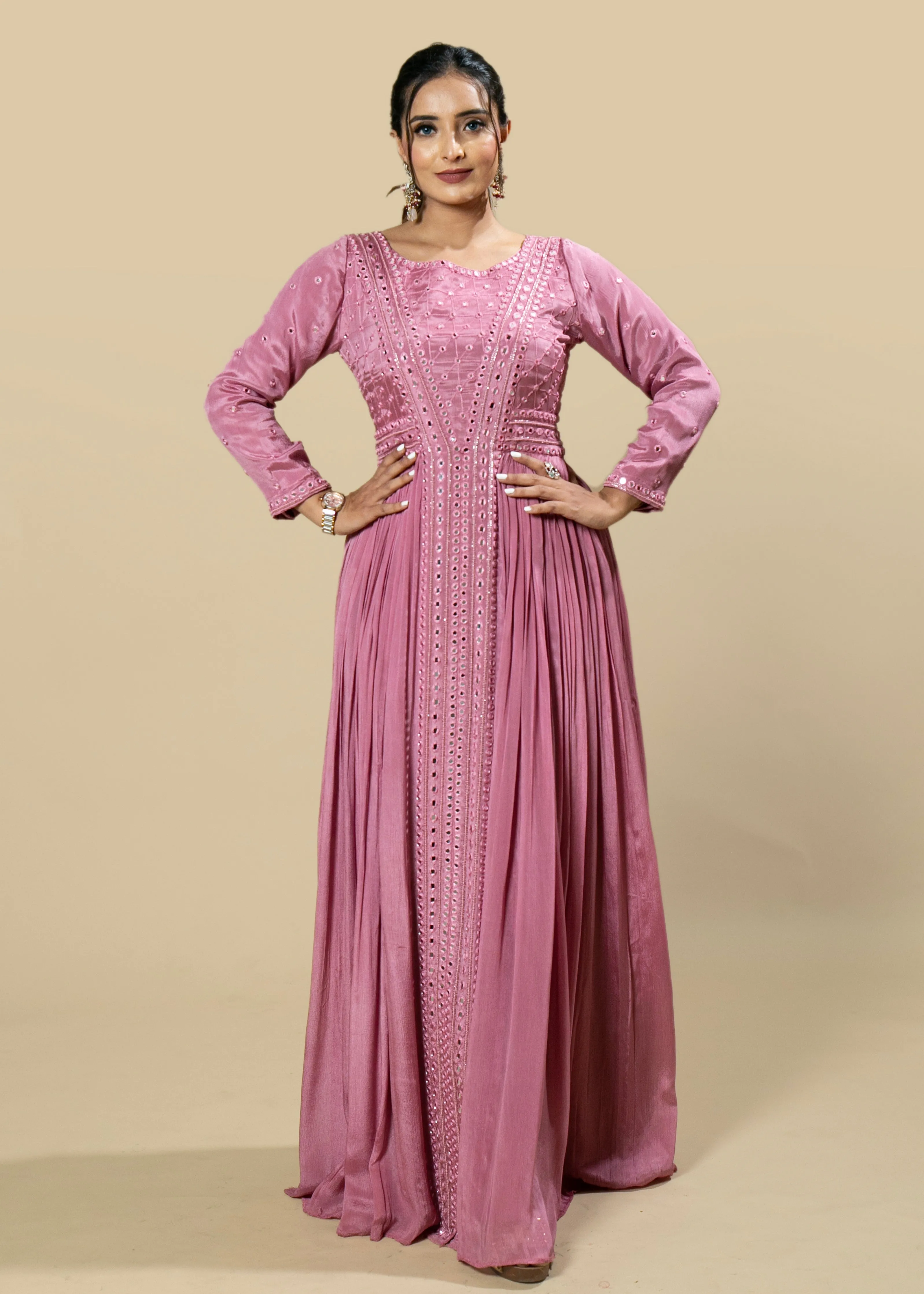 Pink Chinnon Hand Embroidered Mirror Work Flared Anarkali Set