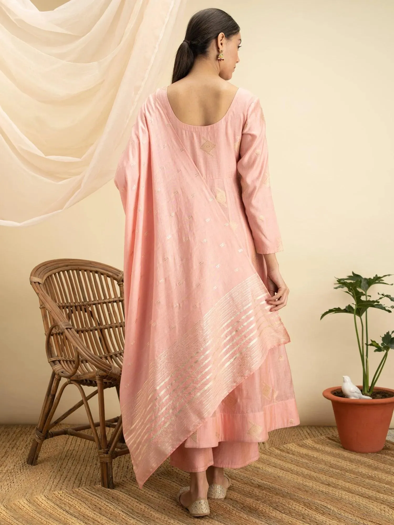 Pink Self Design Silk Anarkali Kurta With Palazzos & Dupatta