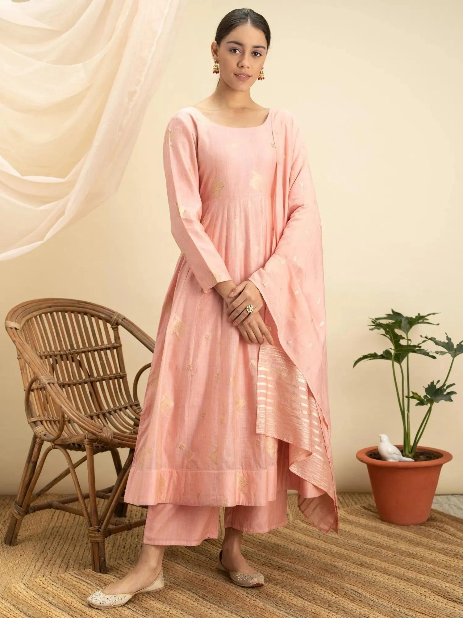 Pink Self Design Silk Anarkali Kurta With Palazzos & Dupatta