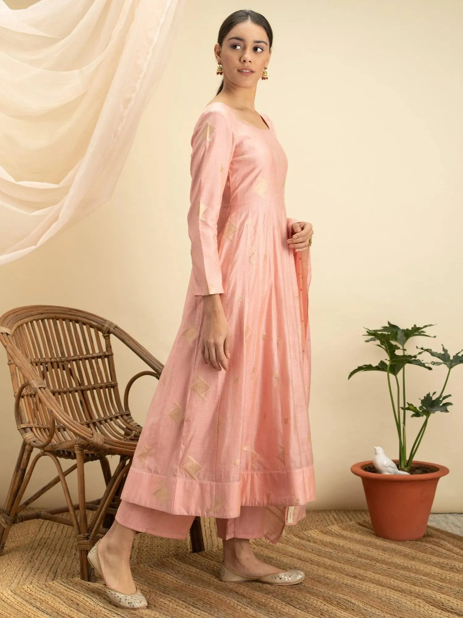 Pink Self Design Silk Anarkali Kurta With Palazzos & Dupatta