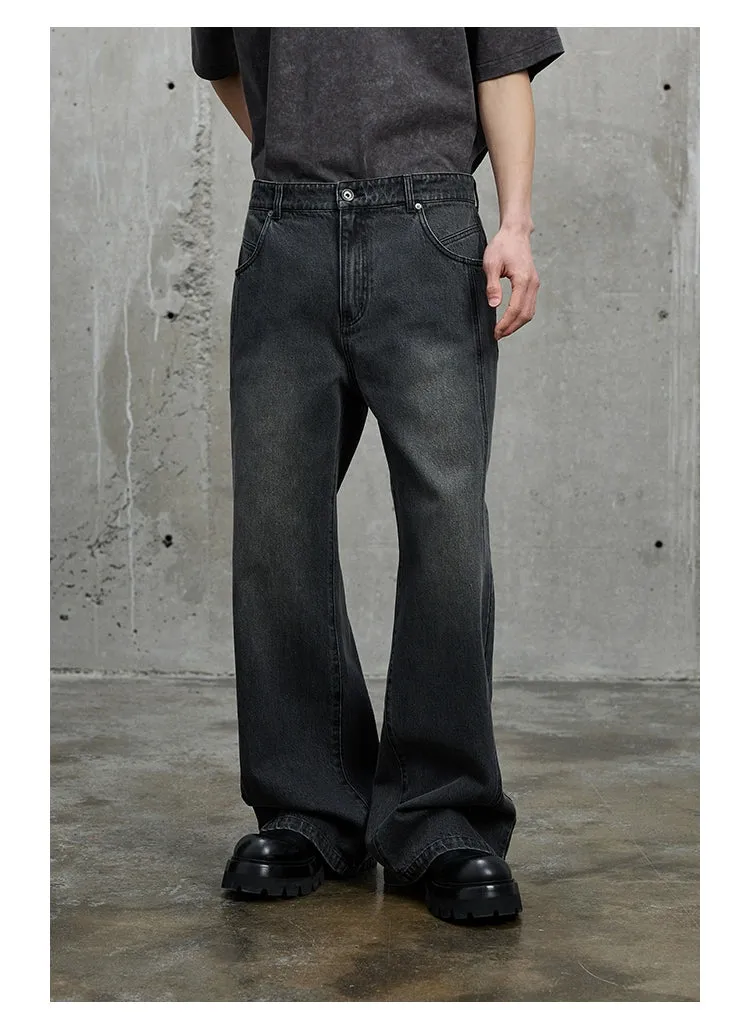 Pre and Post-Wash Pleated Flared Denim Pants