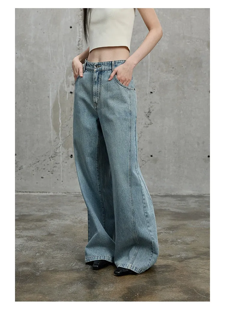 Pre and Post-Wash Pleated Flared Denim Pants