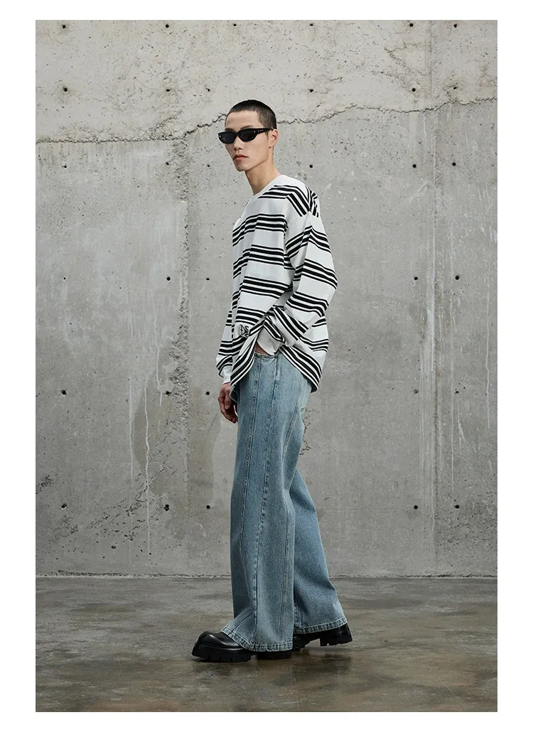 Pre and Post-Wash Pleated Flared Denim Pants