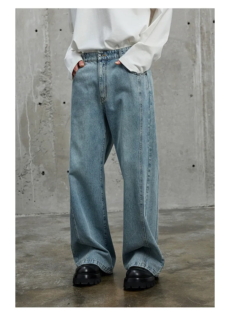 Pre and Post-Wash Pleated Flared Denim Pants