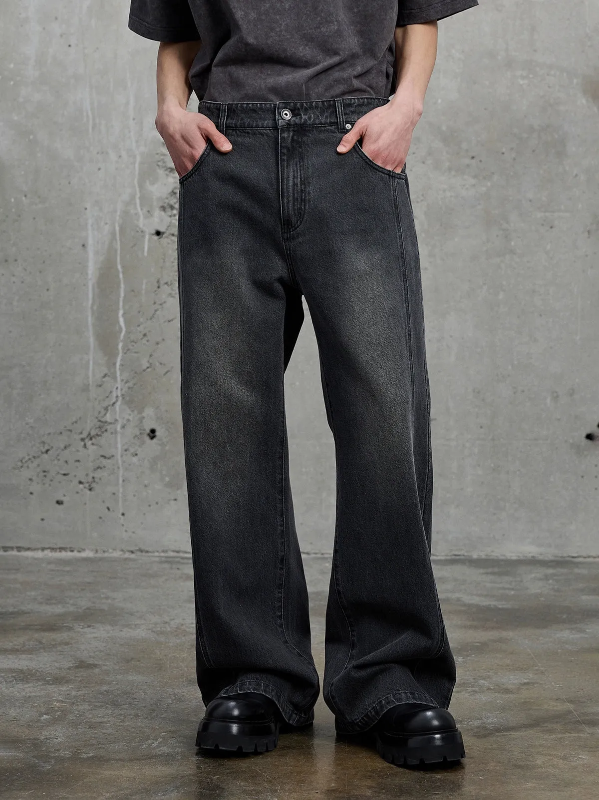 Pre and Post-Wash Pleated Flared Denim Pants