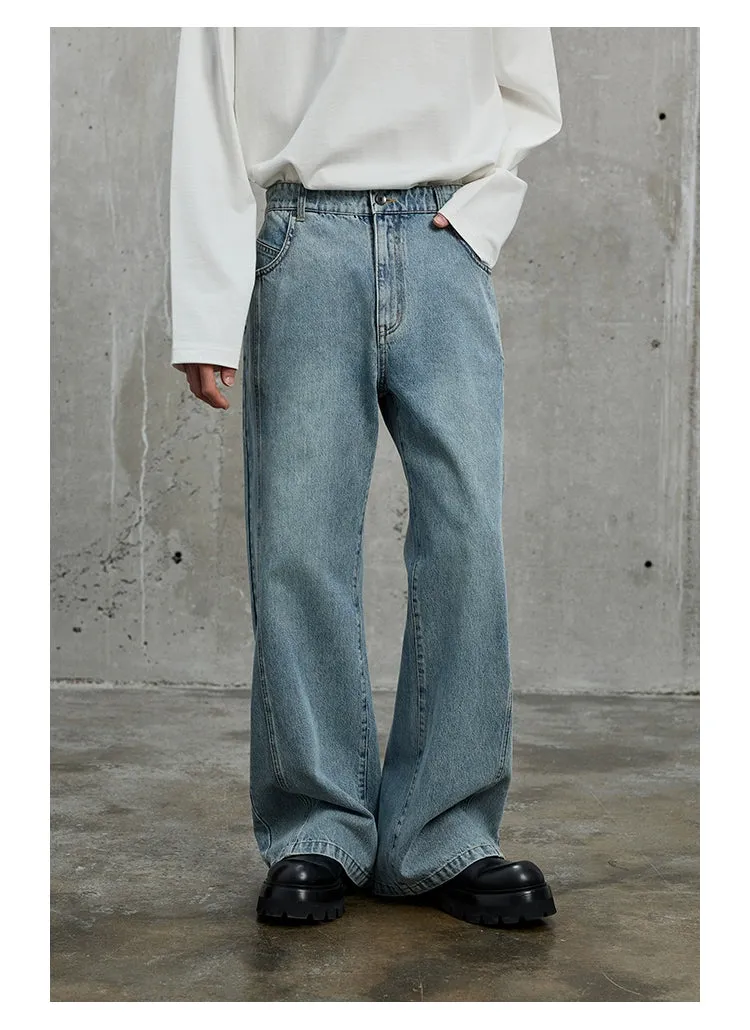 Pre and Post-Wash Pleated Flared Denim Pants