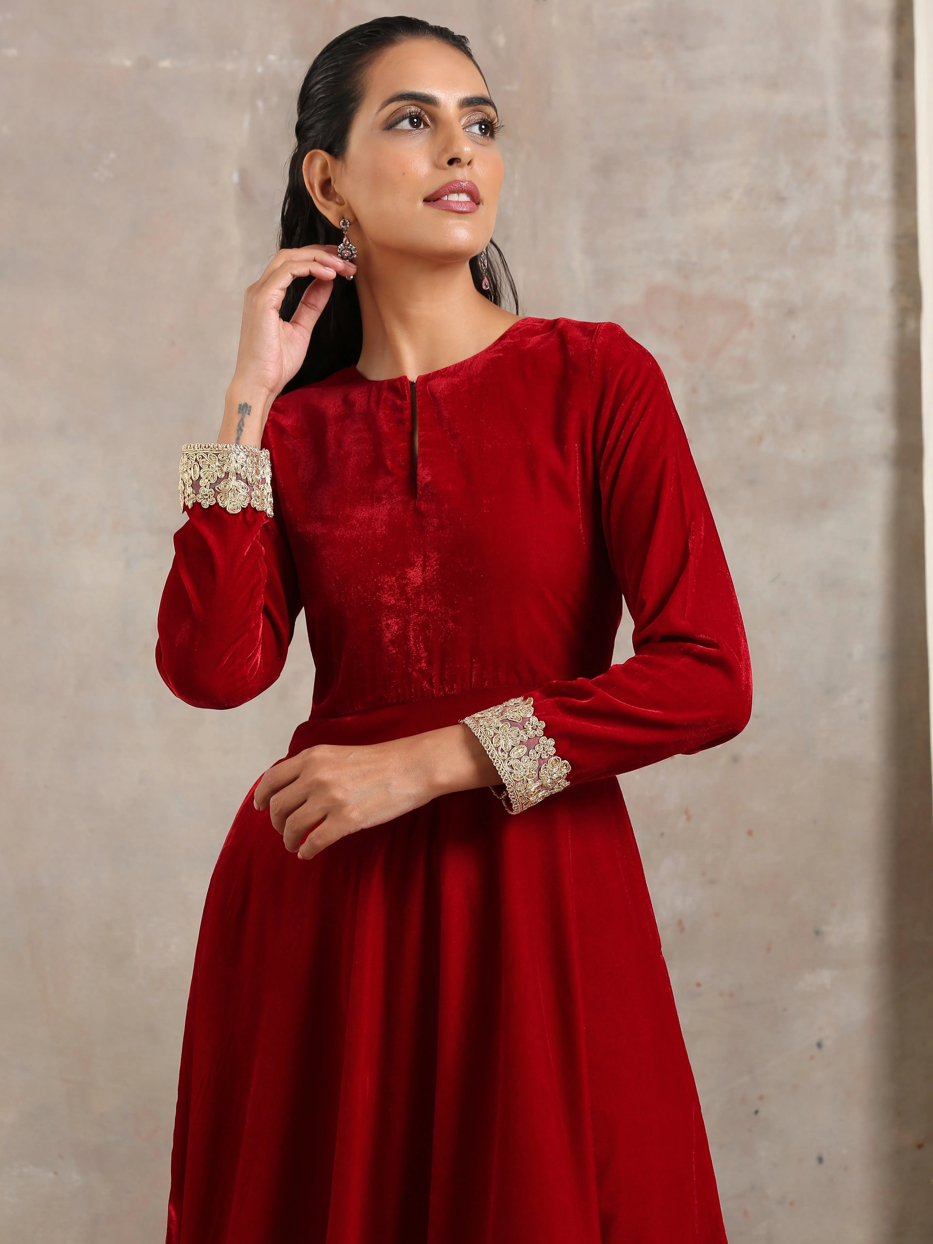 Red Velvet Flared Lace Kurta