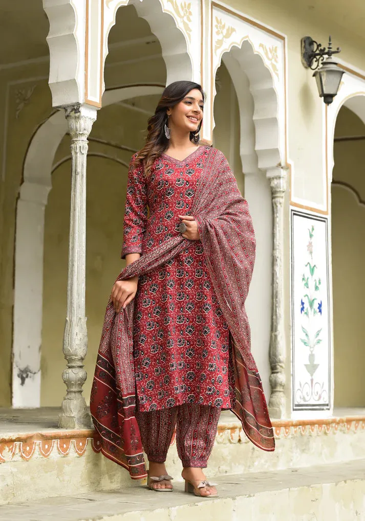 Red Viscose Floral Print Suit Set with Chanderi Cotton Dupatta