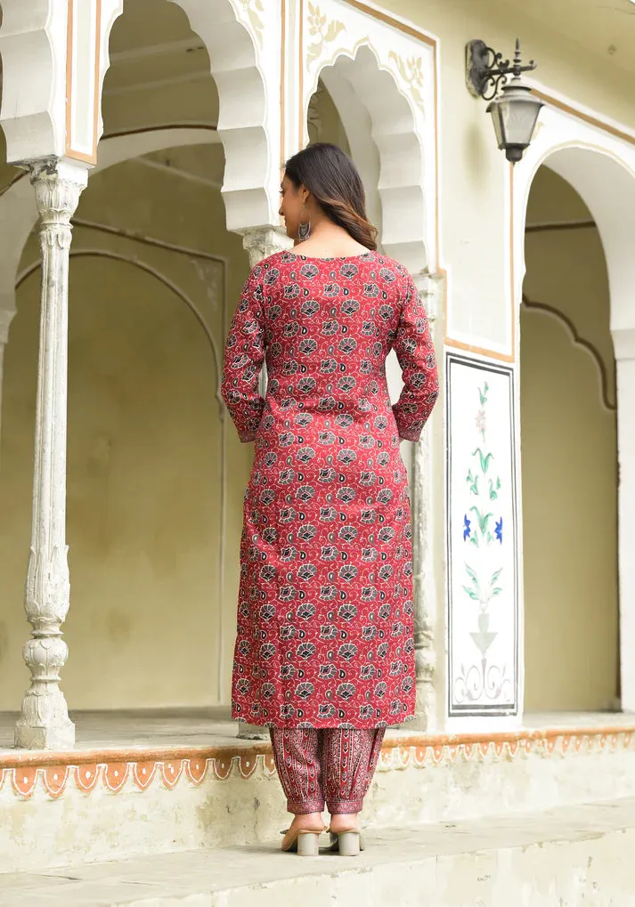 Red Viscose Floral Print Suit Set with Chanderi Cotton Dupatta