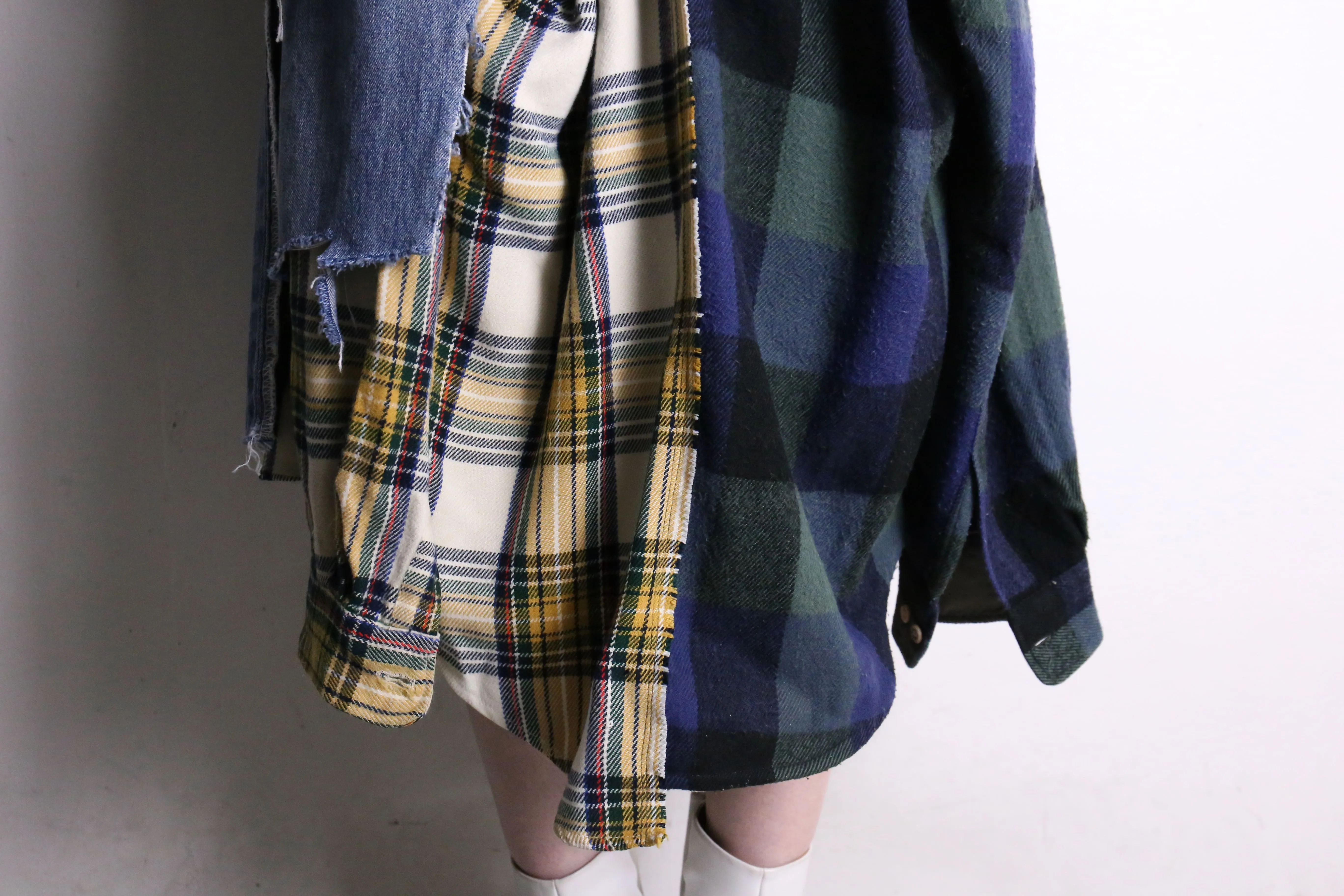 remake "再構築" denim × check shirt layered skirt