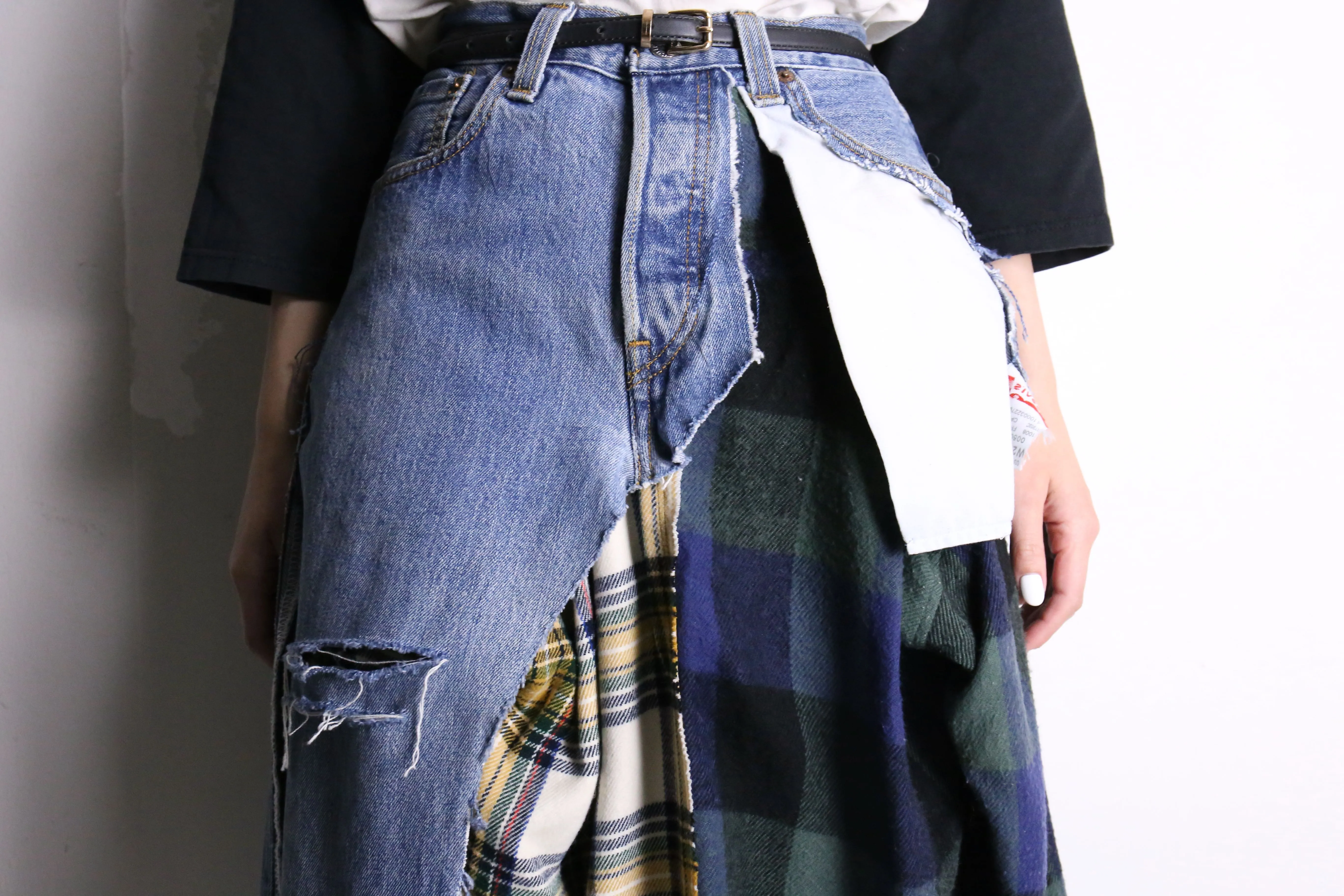 remake "再構築" denim × check shirt layered skirt