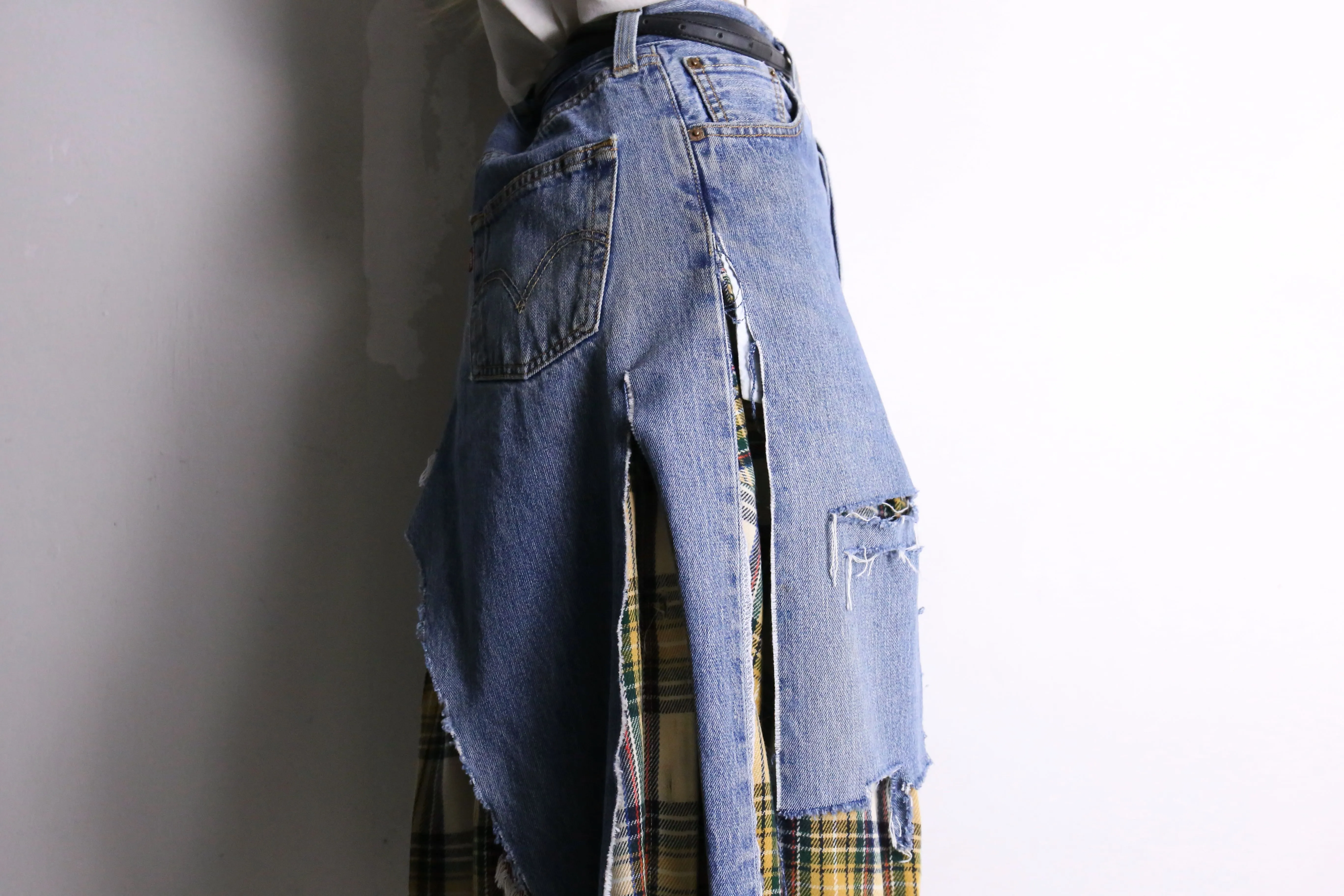 remake "再構築" denim × check shirt layered skirt