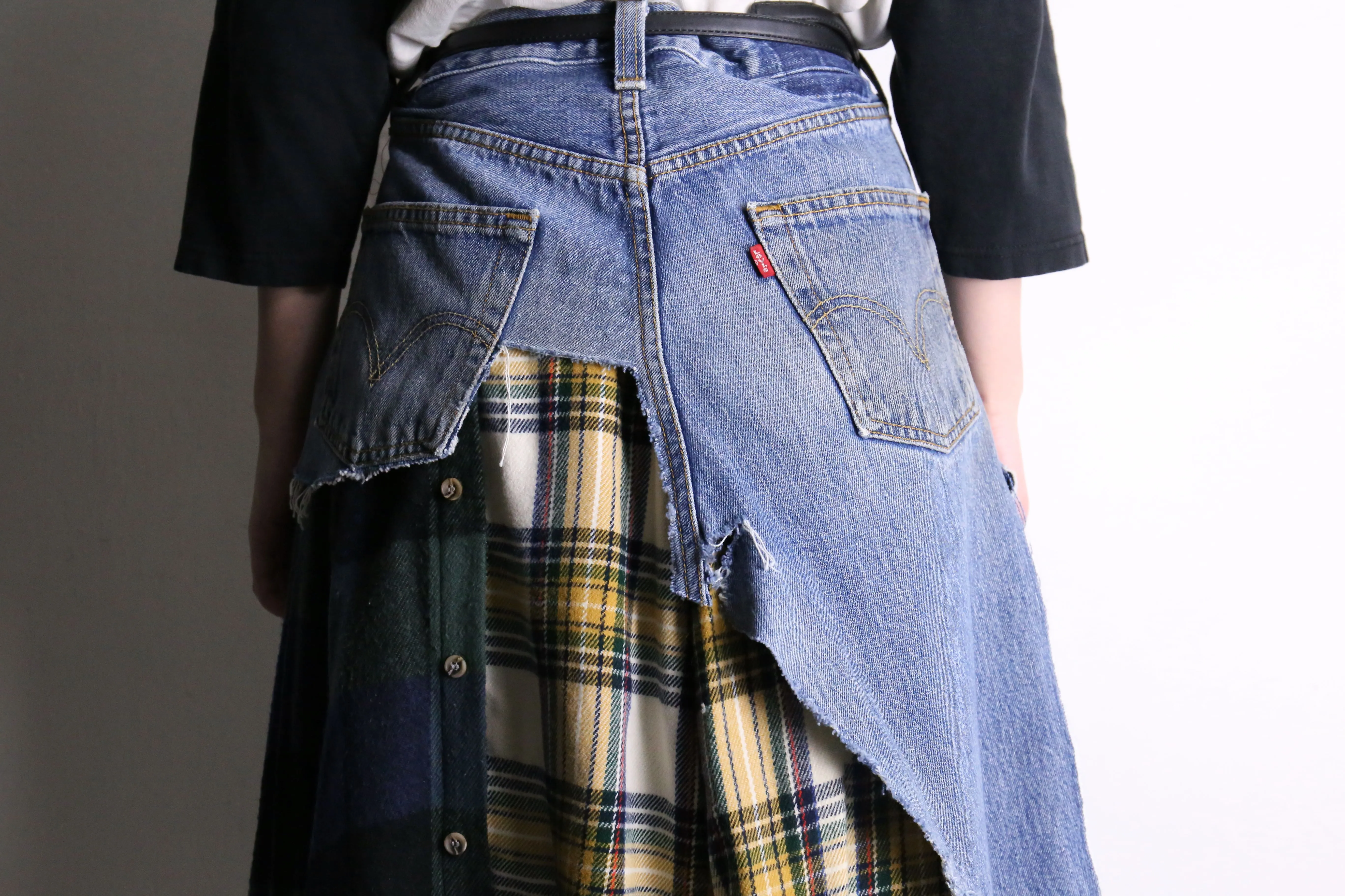 remake "再構築" denim × check shirt layered skirt