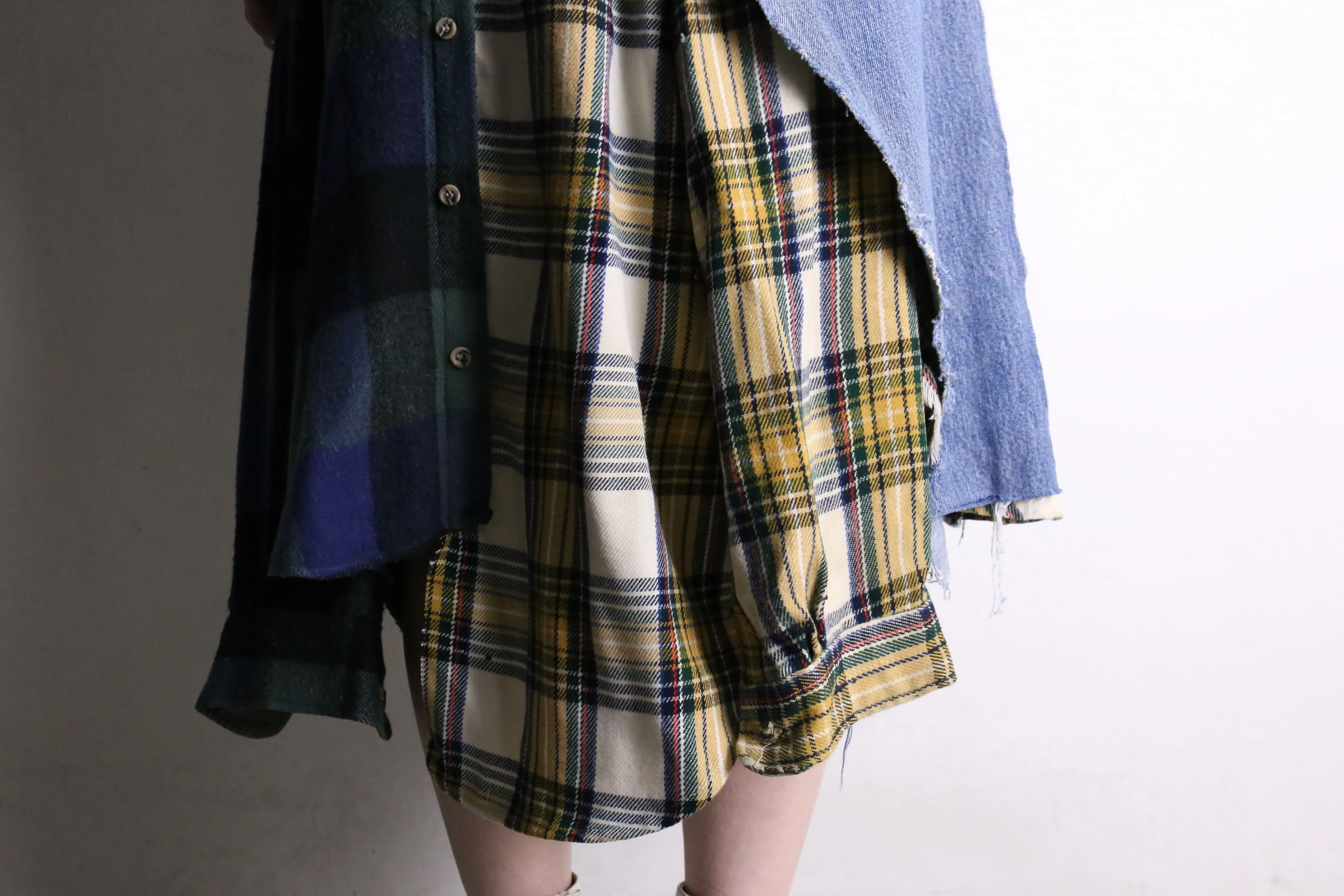 remake "再構築" denim × check shirt layered skirt