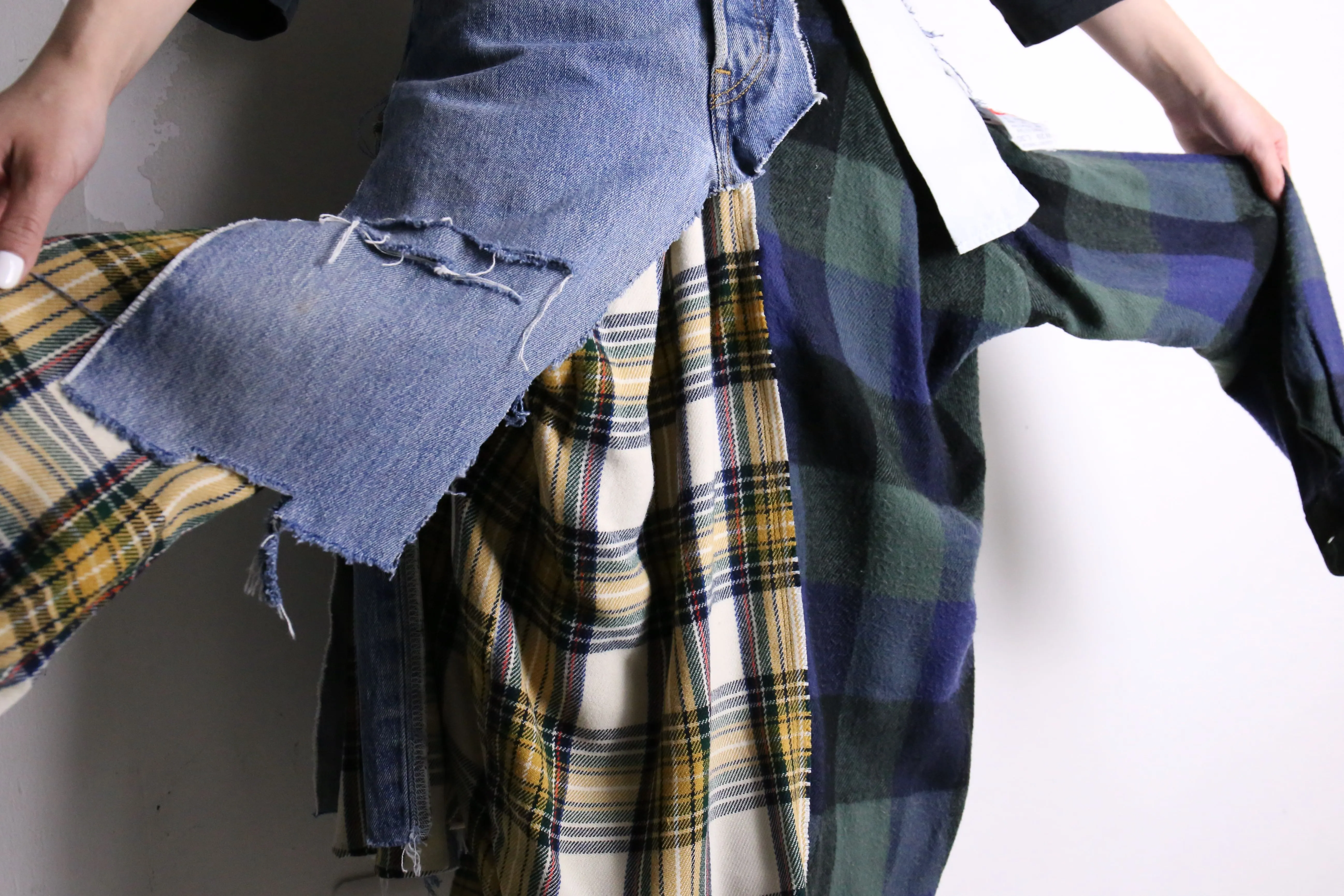 remake "再構築" denim × check shirt layered skirt