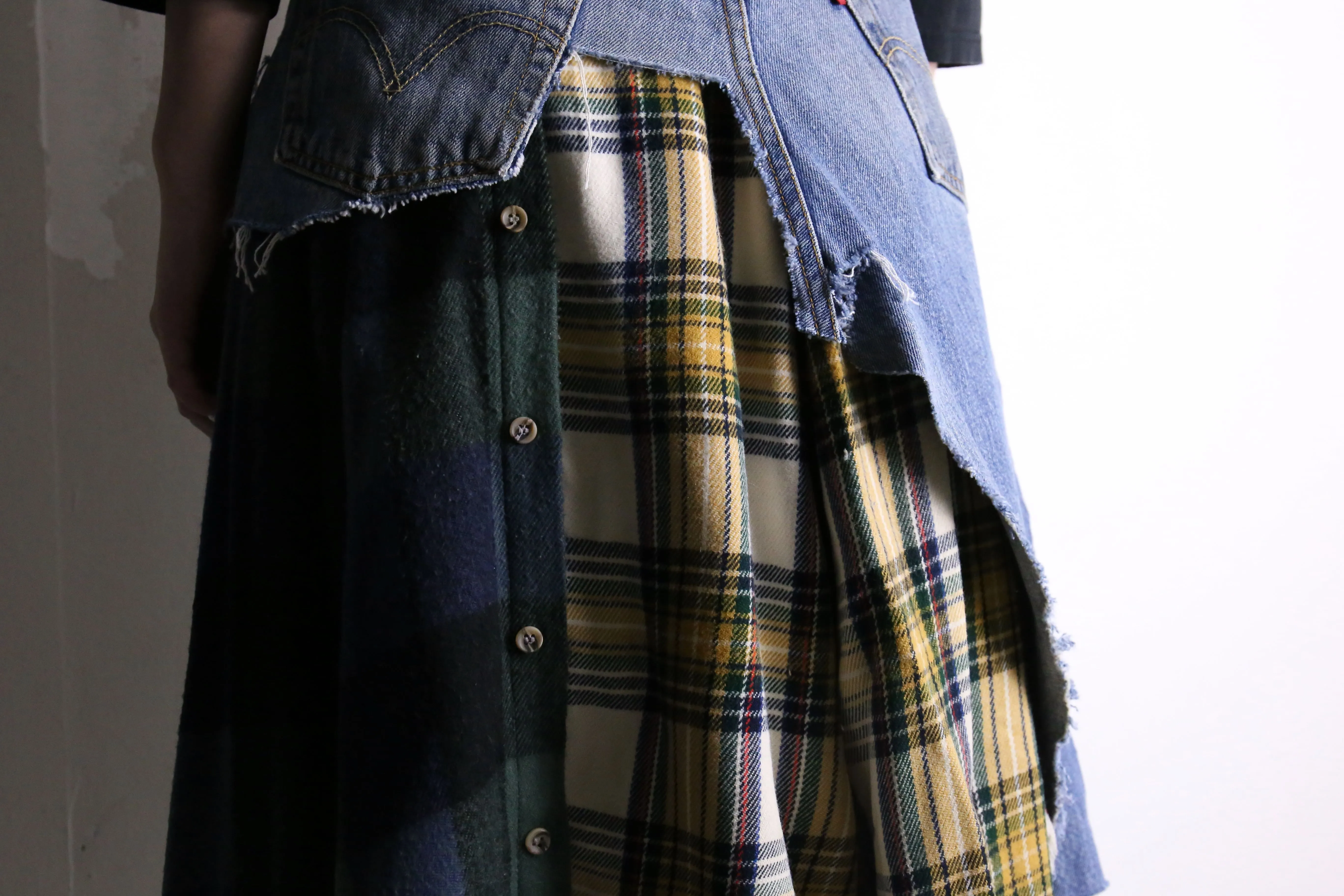 remake "再構築" denim × check shirt layered skirt