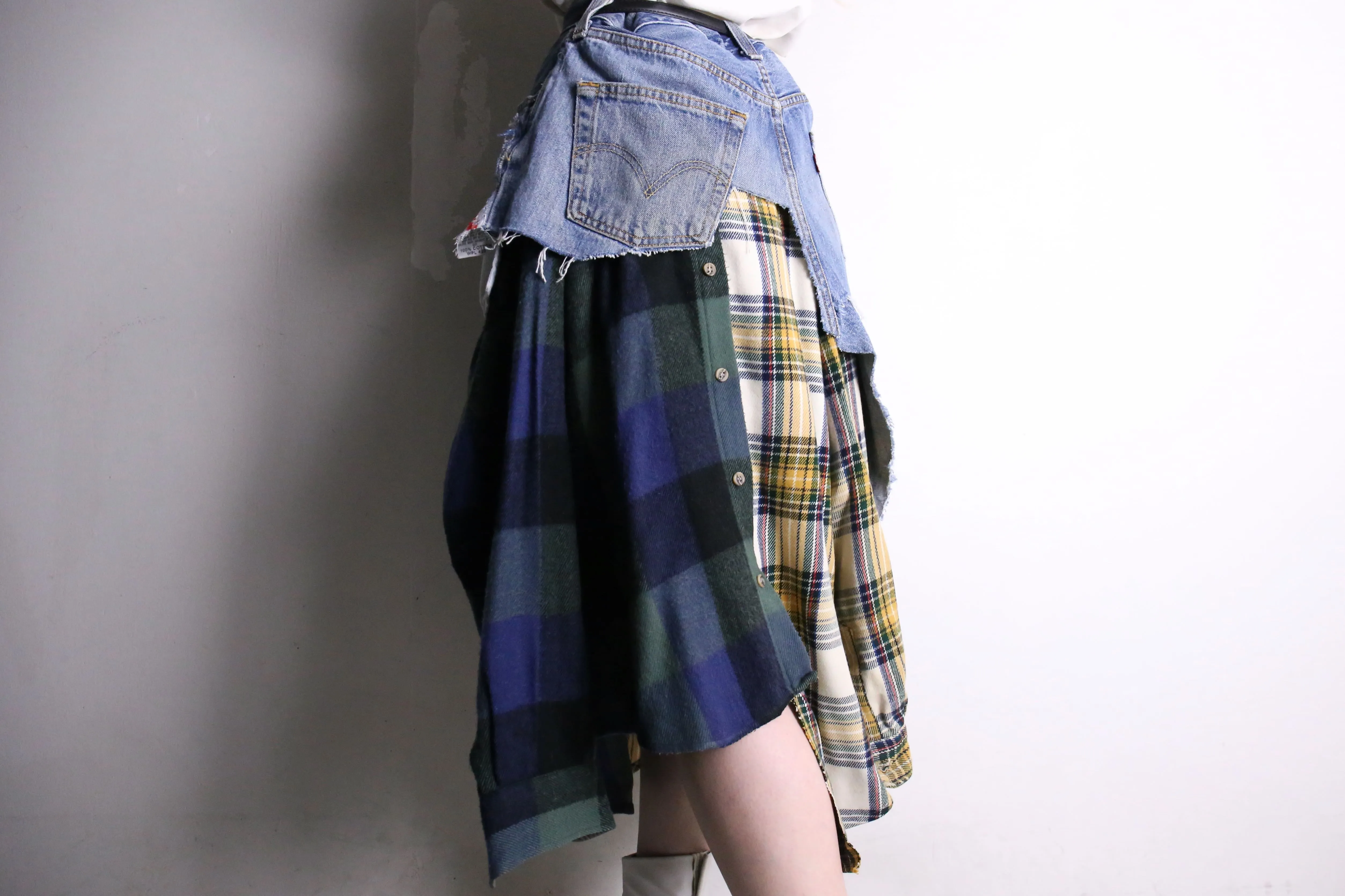 remake "再構築" denim × check shirt layered skirt